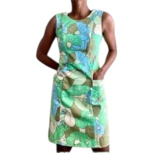 Boden Retro Floral Shift Dress Size 8 Green Blue Cotton Pocket Dress EUC